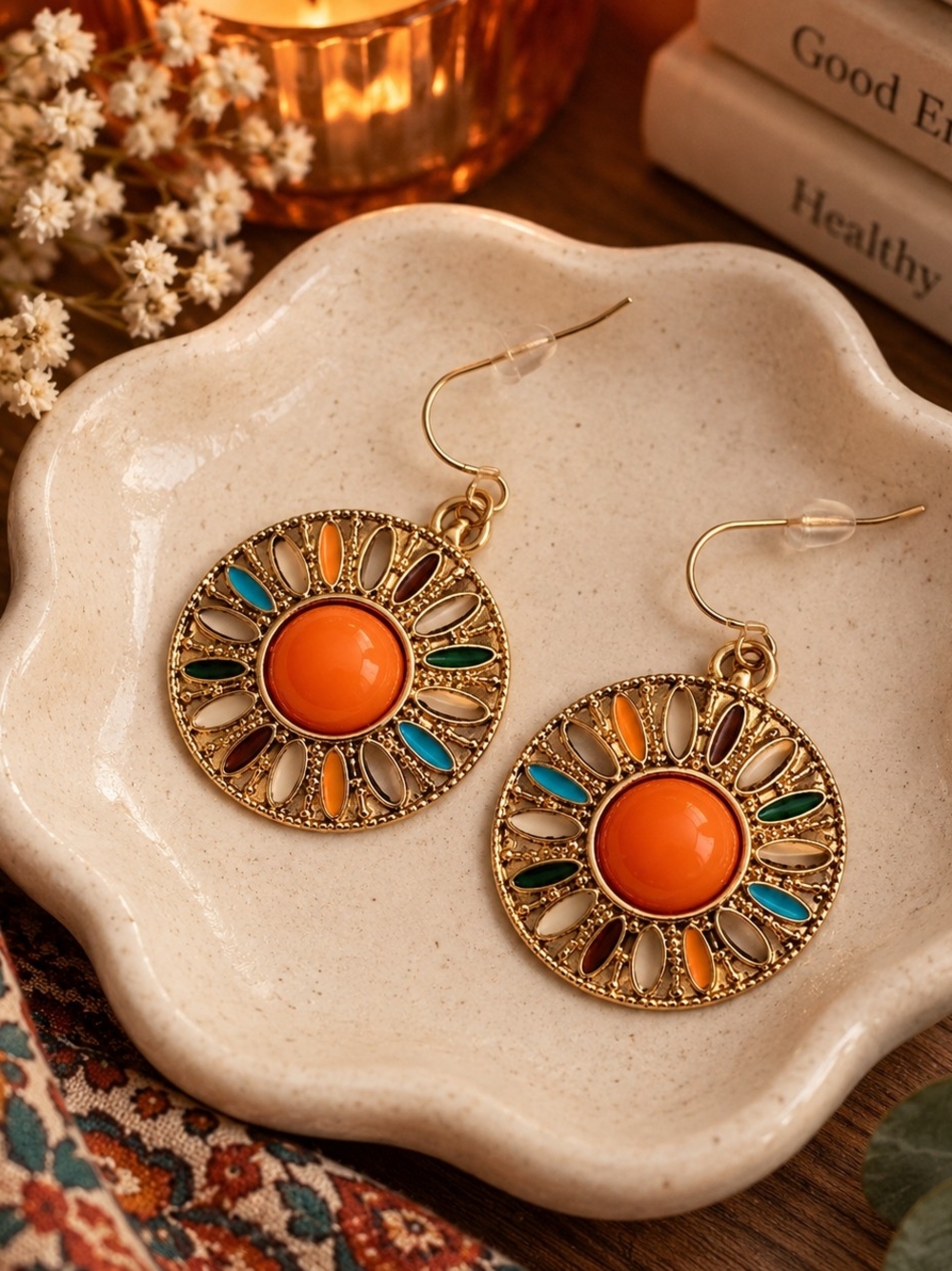 Bohemian Orange Multi-Color Round Drop Earrings - Gold Bronze Tone New